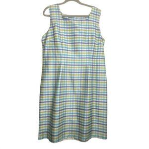 Natural Instincts Size 16 Womens Silk Plaid Sheath Dress Blue Green Square Neck